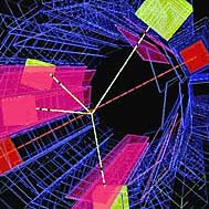 An atom of anti-hydrogen annihilates to form two gamma rays and two pions. From observations of these annihilation products, physicists constructed this computer image. (image courtesy of CERN)