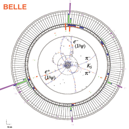 B meson decay candidate at the BELLE detector in Japan. (Image courtesy of BELLE collaboration)