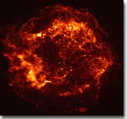 Cas A is the remnant of a star that exploded about 300 years ago. The X-ray image shows an expanding shell of hot gas produced by the explosion. Courtesy of NASA/CXC/SAO