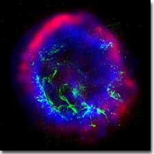  Color composite of the supernova remnant E0102-72: X-ray (blue), optical (green), and radio (red). Hubble, Chandra, Australia Telescope Compact Array.. Courtesy of NASA 