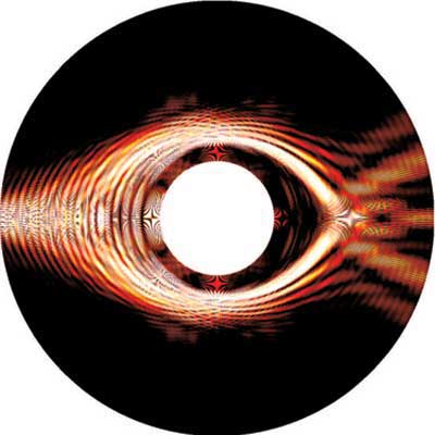 A photonic crystal structure that illustrates cloaking where the light bends around the center.