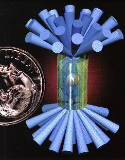 This image shows how 192 laser beams converge on the small D-T target, which is held in a metal container, in one kind of inertial confinement fusion. (credit: National Ignition Facility)