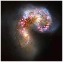 A Hubble image of the two Antennae Galaxies, which started to interact a few hundred million years ago. 