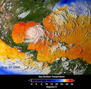 Hurricane Katrina over the Gulf of Mexico: Colors correspond to three-day averages of sea surface temperatures; note that the Gulf was warmer than the Atlantic. (image courtesy of NASA/SVS)