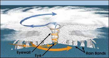 Wind spiraling in towards the eyewall of the hurricane. The conservation of angular momentum requires that the wind speed increase as the wind’s distance from the center of the storm decreases. Also, note how the air spirals upward in the eyewall. (image courtesy of NOAA)