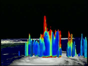 Hot towers in Hurricane Bonnie, 1998, as imaged by TRMM. The tallest tower here was 18 km (59,000 feet) high, about twice the cruising altitude of a jetliner (Please note that the relative height of the towers has been exaggerated.). The appearance of hot towers is believed to indicate that the hurricane is about to intensify. (image courtesy of NASA)