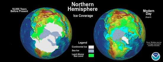 Ice coverage in the Northern Hemisphere, 18,000 years ago and present-day (image credit: Mark McCaffrey NGDC/NOAA)