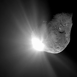 This spectacular image of comet Tempel 1 was taken 67 seconds after it obliterated Deep Impact's impactor spacecraft.