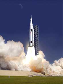 An artist concept of SLS launching. (NASA)