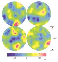 A sample of four false-color maps of intensity variations in the cosmic microwave background (CMB)