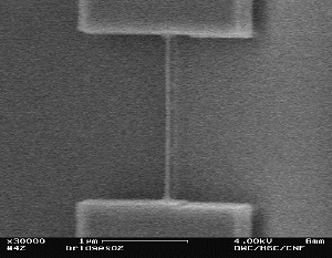 A 30-nanometer-wide wire is suspended across a 2-micrometer gap. (Photo courtesy of Cornell University)