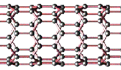 Side view of nanotube cylinder showing network of interlocked carbon atoms; the nanotube is a graphite sheet, rolled up into a cylinder (Copyright V. H. Crespi. Distributed under the Open Content License)