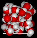 The molecular structure of liquid water, left, and ice, right. The fixed arrangement of hydrogen bonds between hydrogen and oxygen atoms opens up the structure of ice. (image courtesy of MathMol, New York University)