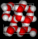 The molecular structure of liquid water, left, and ice, right. The fixed arrangement of hydrogen bonds between hydrogen and oxygen atoms opens up the structure of ice. (image courtesy of MathMol, New York University)