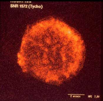 X-ray image of the remnants of a supernova originally observed by Danish astronomer Tycho Brahe in 1572. Courtesy of NASA.