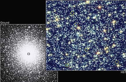 Two views of the globular cluster 74 Tucanae, one from a ground-based telescope and one from the Hubble. (image courtesy of NASA/H Richter UBC)