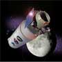 Artist's rendition of Centaur upper stage rocket approaching the moon with the Lunar CRater Observation and Sensing Satellite (LCROSS), 'shepherding satellite,' attached