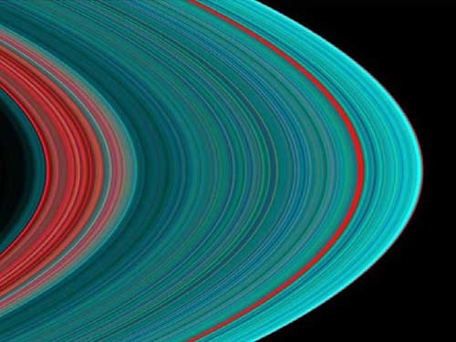 Images of the region around Saturn’s A ring. Blue indicates ice, and red indicates “dirt,” similar to the material on the moon Phoebe. The dirt is concentrated in the gaps—how this has happened is a mystery. (image courtesy of UVIS, University of Colorado, ESA, and NASA)