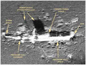 Side-scan sonar image of the remains of the submarine USS O-9 (SS-70) off the Isle of Shoals, New Hampshire in more than 400 feet of water.