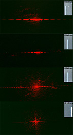 This photograph shows the diffraction of red laser light as it passes through slits of different widths. 