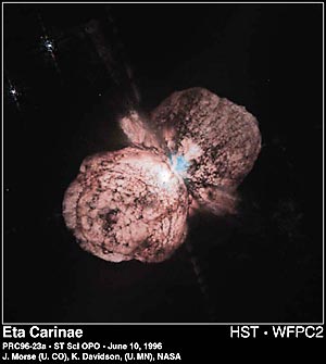 This Hubble image shows lEta Carinae, an extremely large star in the Milky Way that survived an outburst about 150 years ago. This star is a potential supernova.  (image credit: J. Morse [U. Colorado], K. Davidson [U. Minnesota], STScI, and NASA)