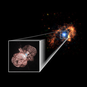 This image shows Eta Carinae, in both the visible—inset and blue, and in radio—the orange nebula. (image credit: Chandra Science Center and NASA)