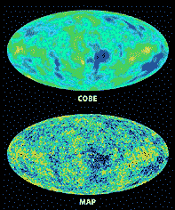 A comparison in the imaging of the microwave background by COBE and WMAP. (image courtesy of NASA)