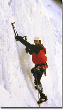 Steve Giddings scaling an ice cliff.