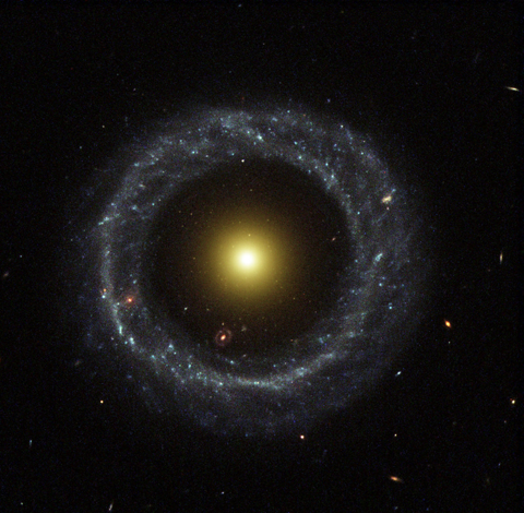 Hoag's Object: A ring of hot blue stars orbit at a distance in a near-perfect ring around this galaxy's core.