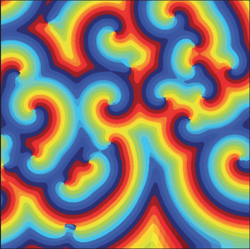 Curling, shelf-fungus-like patterns of colorful stripes. Belousov-Zhabotinsky reactions create weird colorful, geometric spirals.