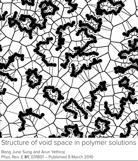 Long chains of black dots are randomly distributed across a plane. Each dot represents a monomer, part of a polymer chain. Associated with each monomer is a Voronoi cell, the area of the graph closer to that monomer than to any other monomer.