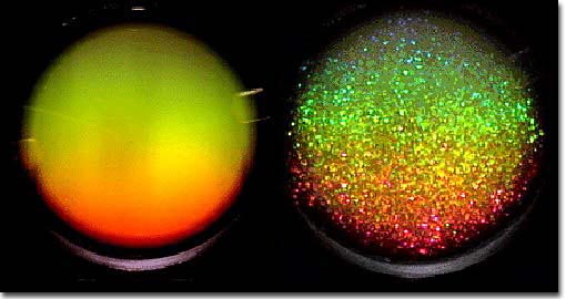 Above: Microbeads immersed in liquid floated freely at first (left) but gradually formed small crystals (right, 10 days later) in an experiment aboard the Space Shuttle. Larger crystallites devour smaller ones, even early on, when they are far apart, according to work that aims to elucidate the details of crystallization. Image courtesy of NASA and Princeton University.