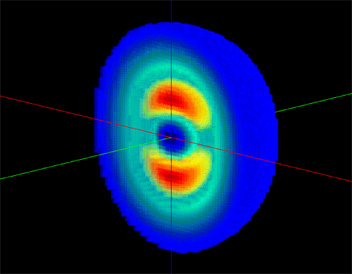 This image shows the intrinsic shape of the deuteron by combining the results from three recent nuclear physics experiments. Image courtesy of JLab