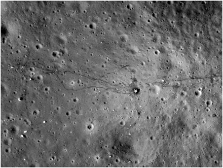 this photo taken from NASA's Lunar Reconnaissance Orbiter shows the marks left behind by Apollo 17