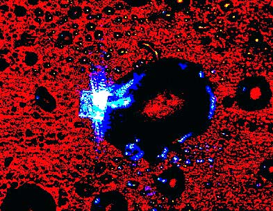 A 100-micron-wide drop of glycerin (dark ellipse) acts as a parabolic focusing mirror in a new technique that can reveal details smaller than a wavelength of light using an ordinary microscope. (The blue is scattered laser light.) Image Credit:Phys. Rev. Lett. 94, 057401 (2005) 