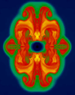 A supercomputer simulation of a large, collapsing star shows violent convection (orange and red) in the neutrino-heated region behind the expanding shock wave. But despite sophisticated modeling, this star didn't blow up.