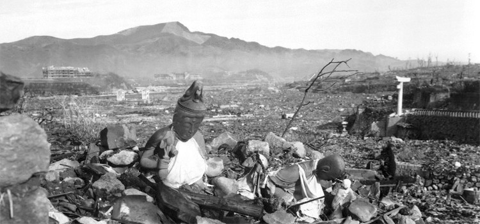 The blasted ruins of a temple in Nagasaki, Japan.