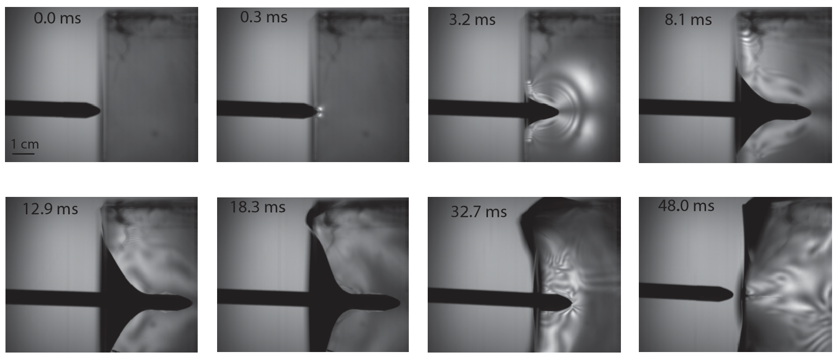 Frames from a high-speed puncture event, filmed at 20,000 fps