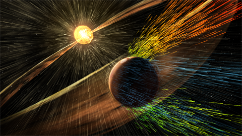 Artist's rendering of a solar storm hitting Mars and stripping ions from the planet's upper atmosphere.