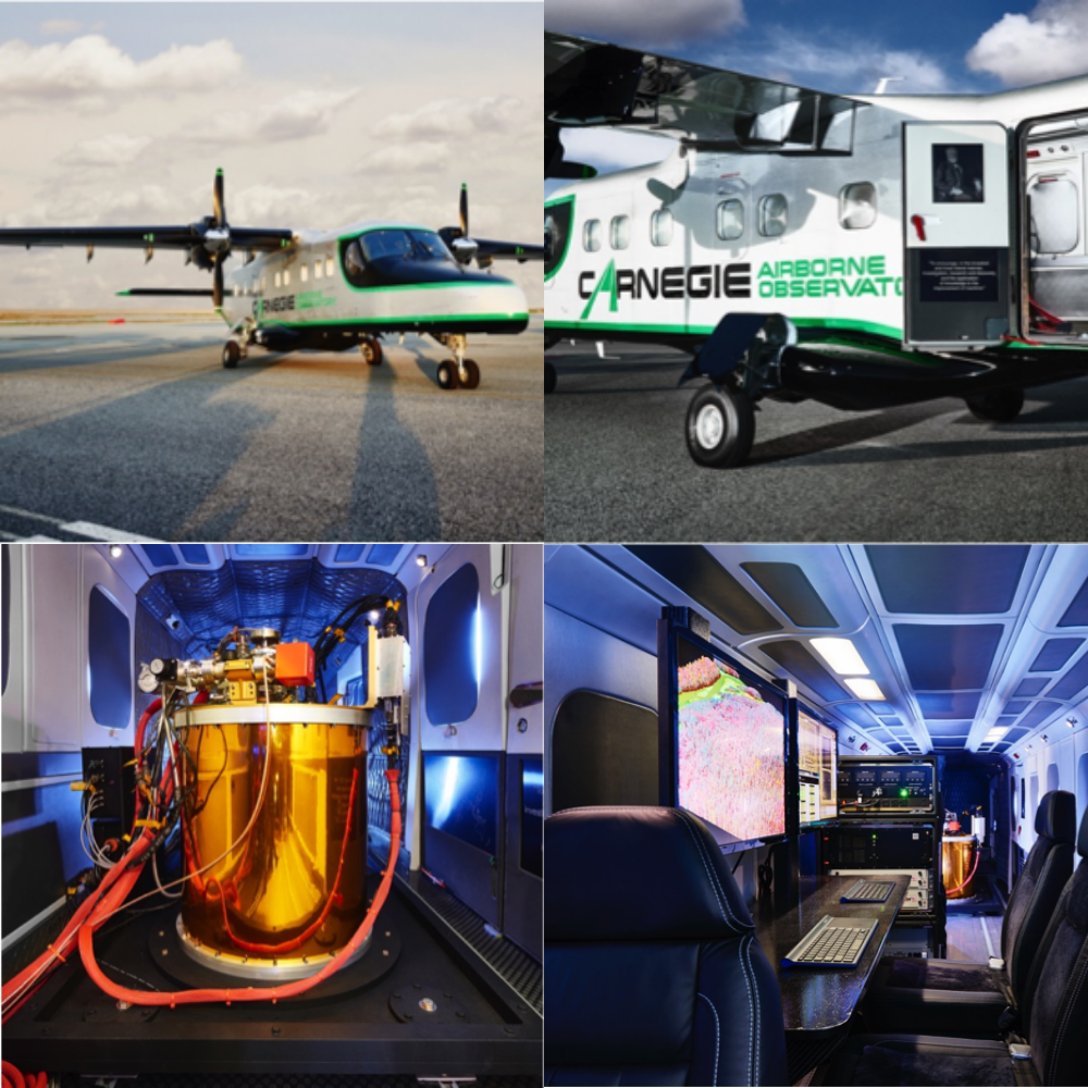 Photos from top left to bottom right: the Carnegie Airborne Observatory, the VSWIR and LiDAR, and an on-board workstation.