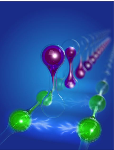 Two parallel chains of electrons are attracted when polarizing electrons are situated between and above the two chains.