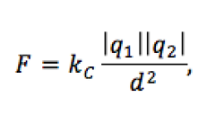 The force between two charges is equal to the magnitude of the charges divided by the square of the distance between them, adjusted to scale by a constant factor K: Coulomb's Constant.