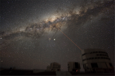 A ground-based photograph of the milky way, with a laser pointing from an observatory toward the galaxy's core.