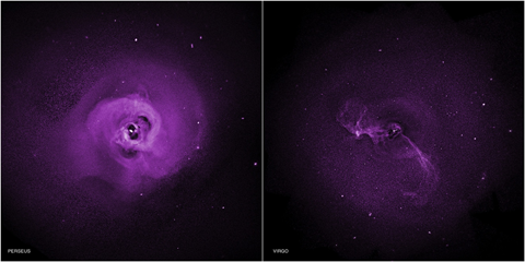 Images of two different galaxy clusters, suggesting tubulence near dark cavities in the clusters' centers.