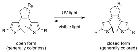 A molecule which can switch from being colorless to colored when exposed to certain wavelengths of light.